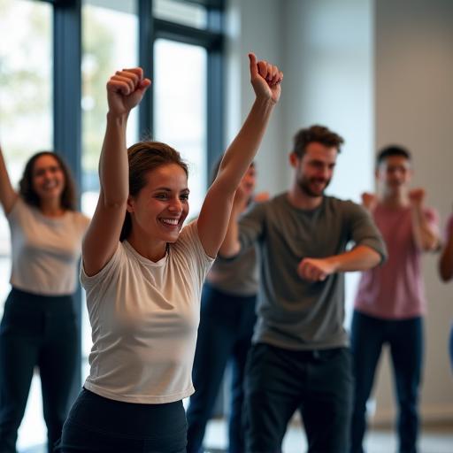 A group of office workers participating in a fitness activity.