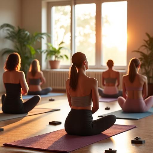 A group of people in a yoga class in a sunlit studio.
