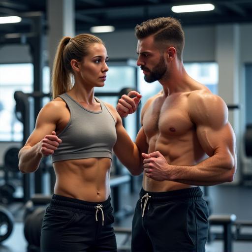 A personal trainer guiding a client with weights.